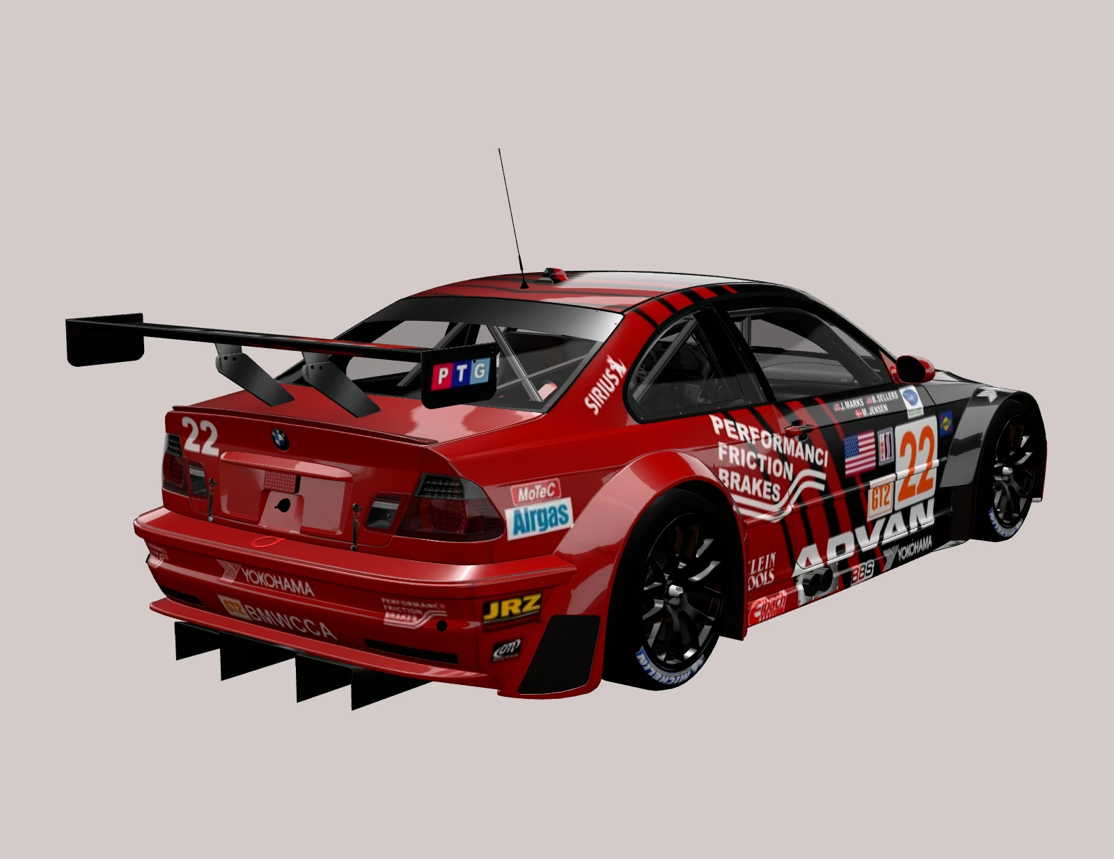 BMW M3 GTR E46, rear three-quarter view (3D render)